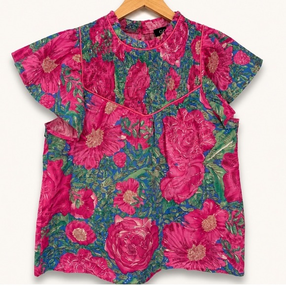Gigio Tops - Gigio Women Small Top Pink Floral Smocked Flutter Sleeve Mock Neck Boho Cottage